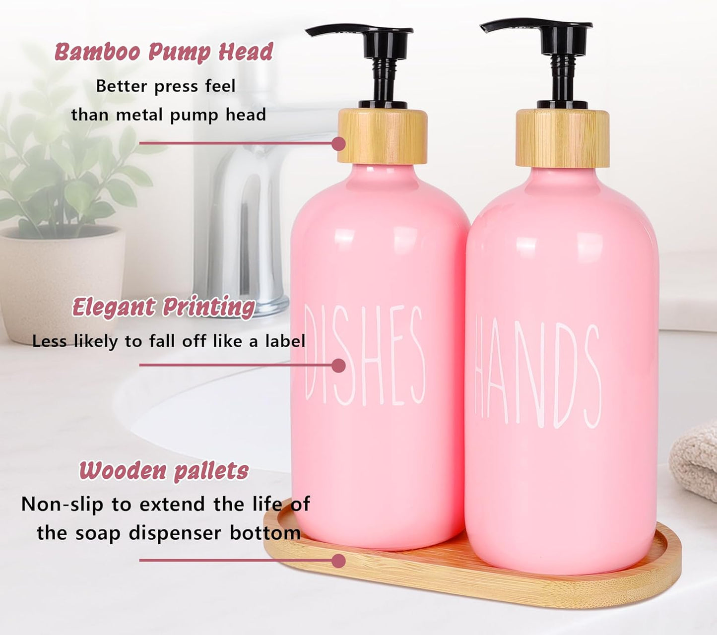 16 OZ Pink Soap Dispenser Women,2 Pack Glass Refillable Dish and Hand Bottles Set Pump Bottle,House Decor Kitchen Accessories with Wooden Pallet Girly