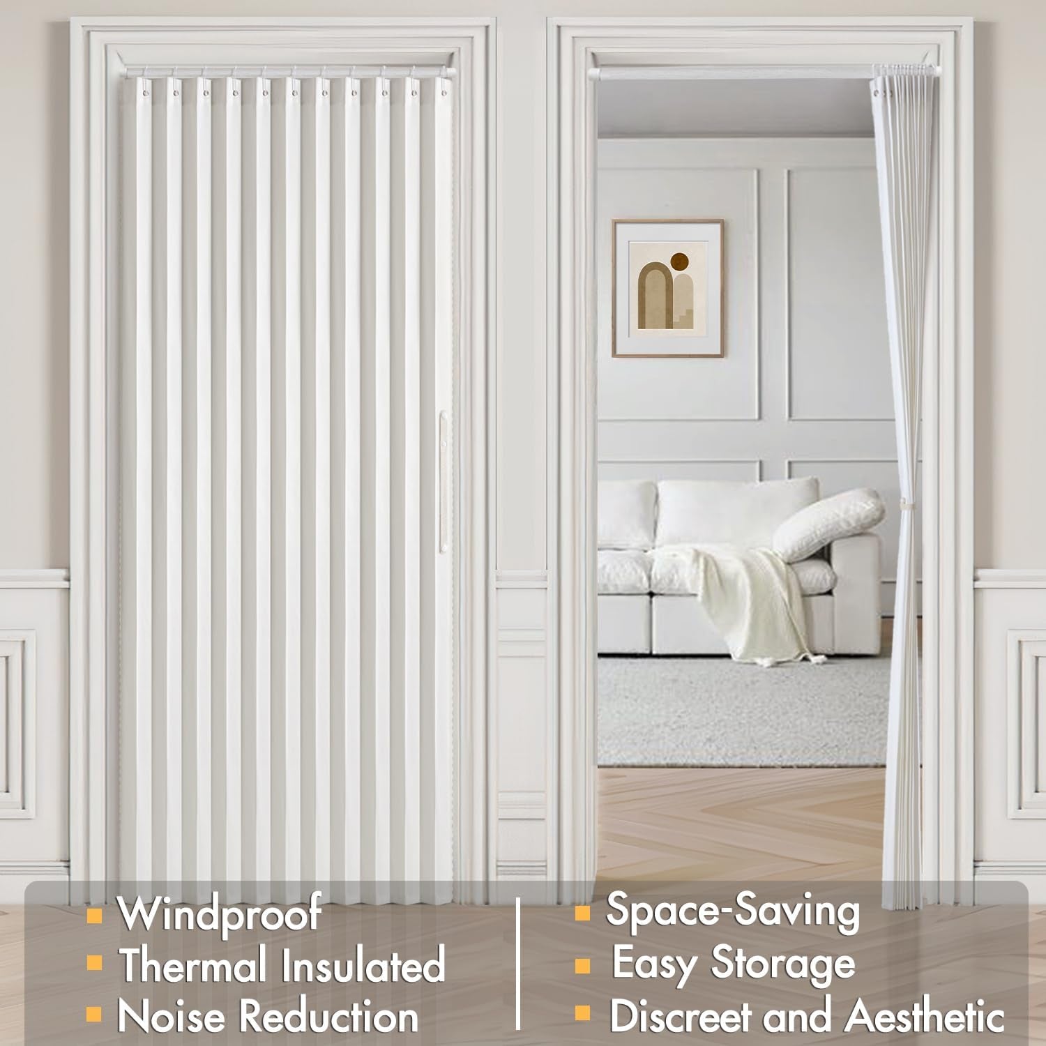 Accordion Folding Door Curtains for Doorways - Laundry Room and Bedroom Room Divider - White, 52" x 78", Single Panel