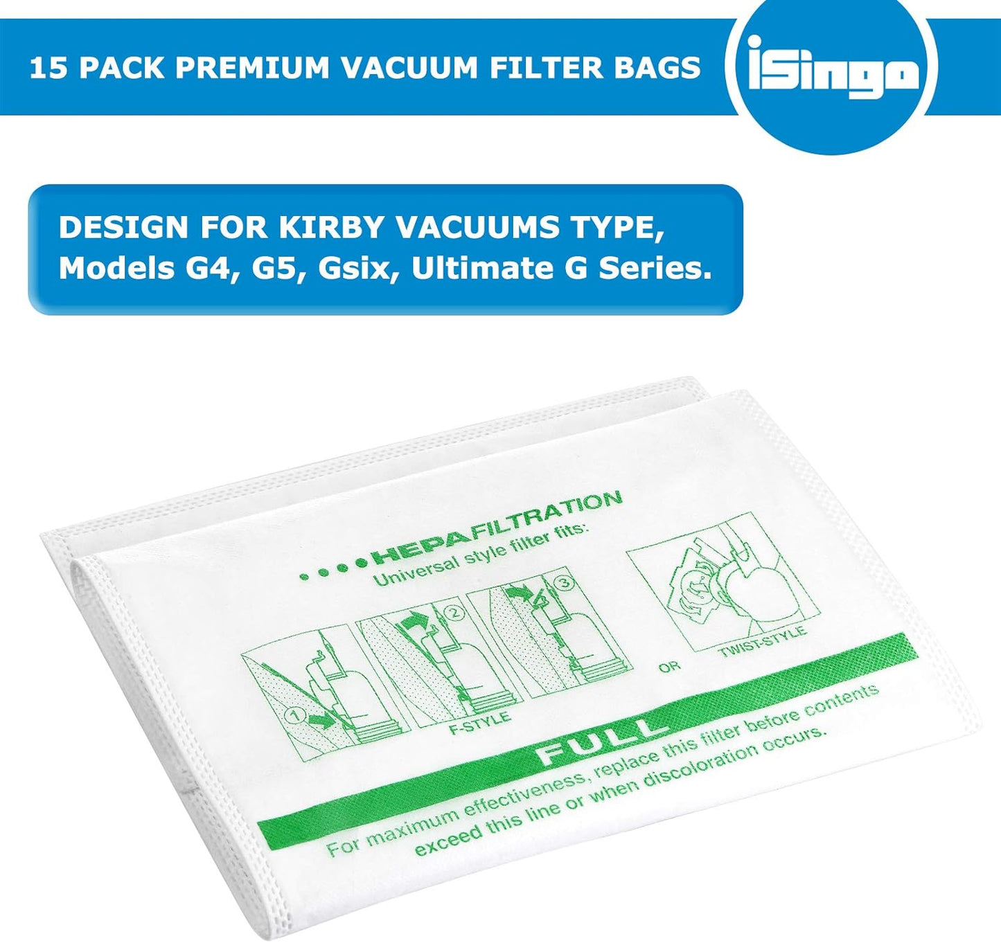 15 +5 Pack 204814 HEPA Filter Bags plus Belts, for Kirby Vacuum Bags 204811 204808 205811, Universal White Cloth Bags Fit for Sentria Models & All Generation with F-Style and Twist-Style