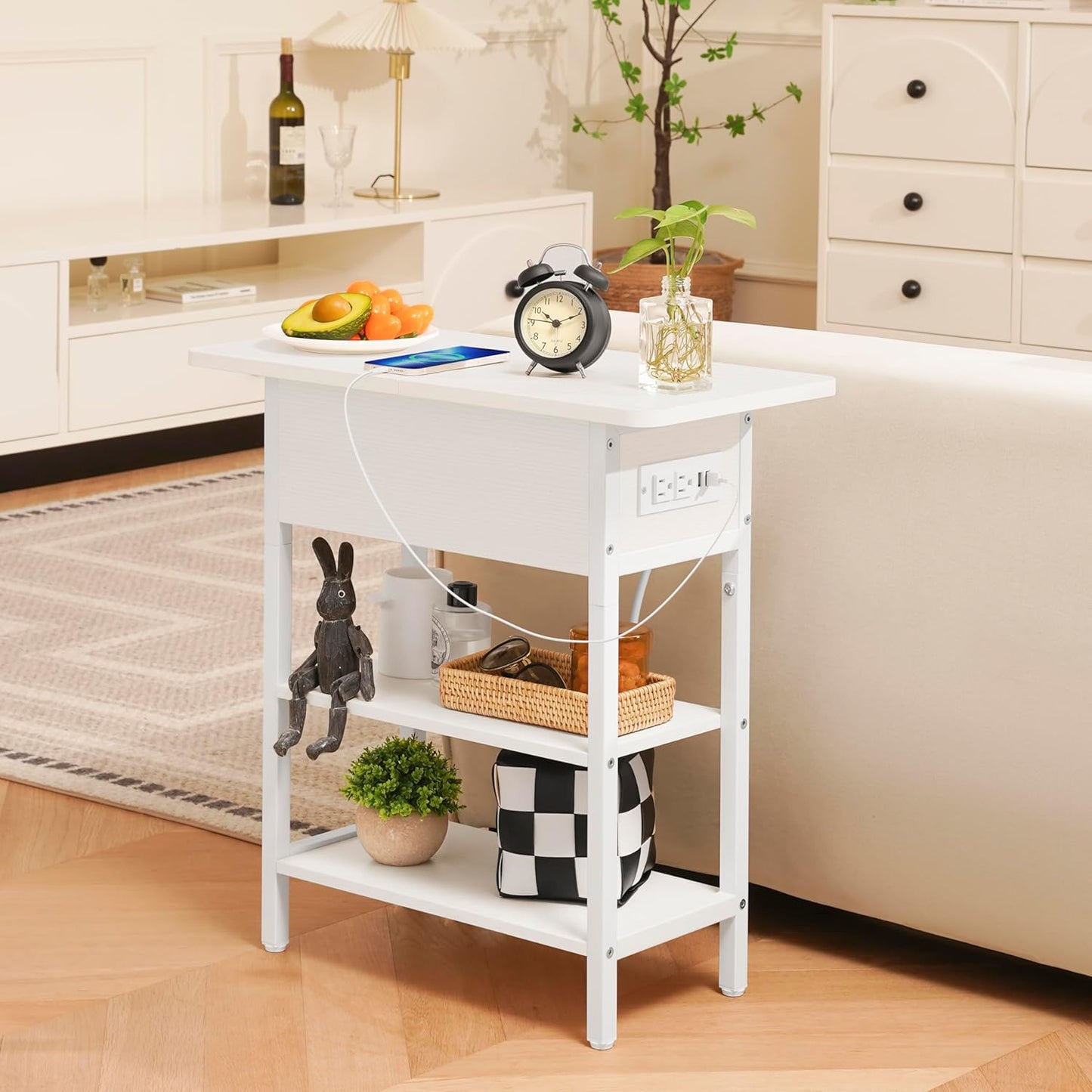 End Table with Charging Station, Flip Top Side Table with USB Ports and Outlets, Sofa Couch Table Bedside Table for Living Room Bedroom, Narrow Nightstand with Storage Shelves for Small Spaces