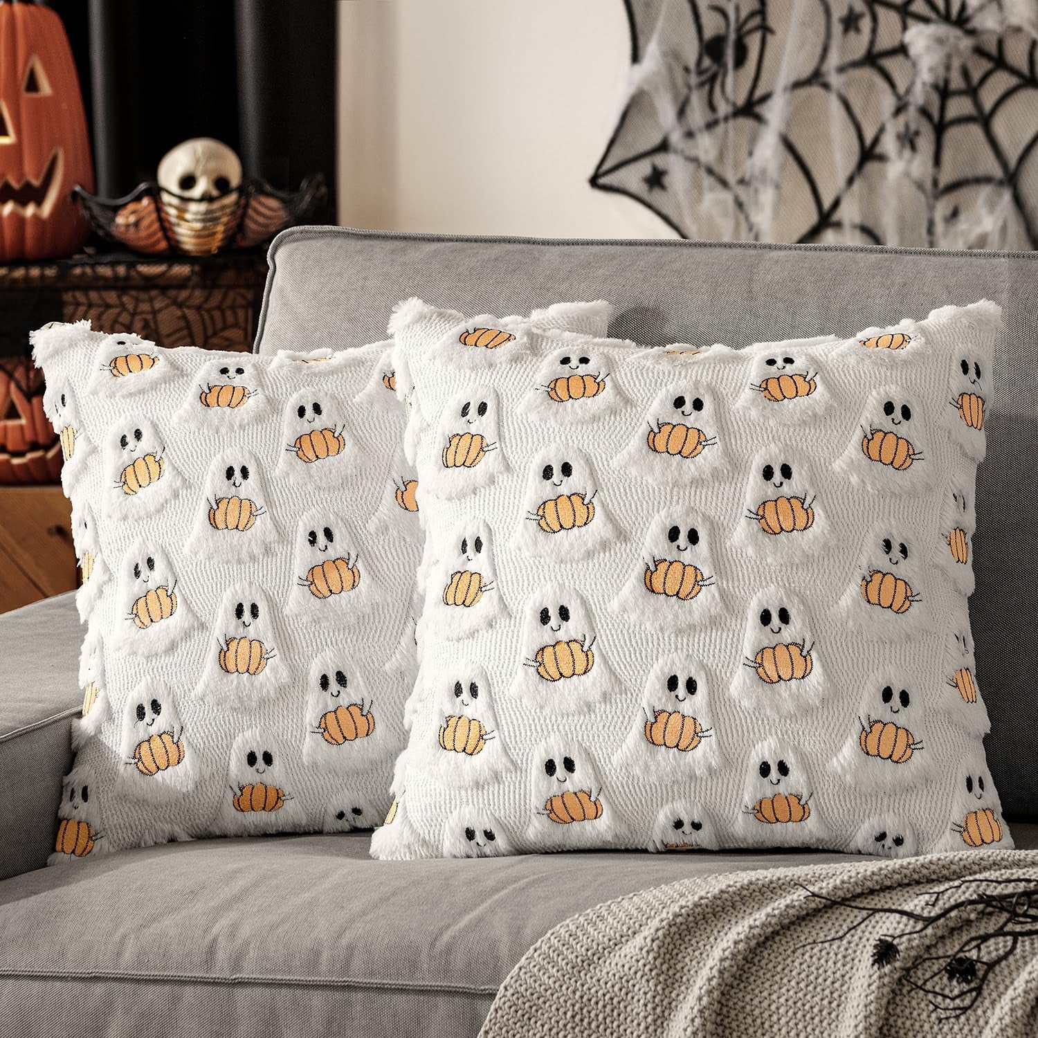 Halloween Pillow Covers Decorative Fall Cute Ghost Plush Faux Fur Pillows 18X18 Inch Set of 2 Soft Pumpkin Accents for Sofa Couch Bed Living Room Festive Home Decor, White Orange