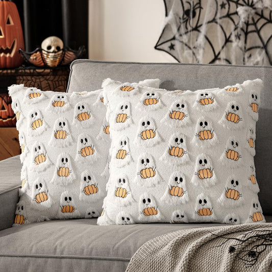 Halloween Pillow Covers Decorative Fall Cute Ghost Plush Faux Fur Pillows 18X18 Inch Set of 2 Soft Pumpkin Accents for Sofa Couch Bed Living Room Festive Home Decor, White Orange