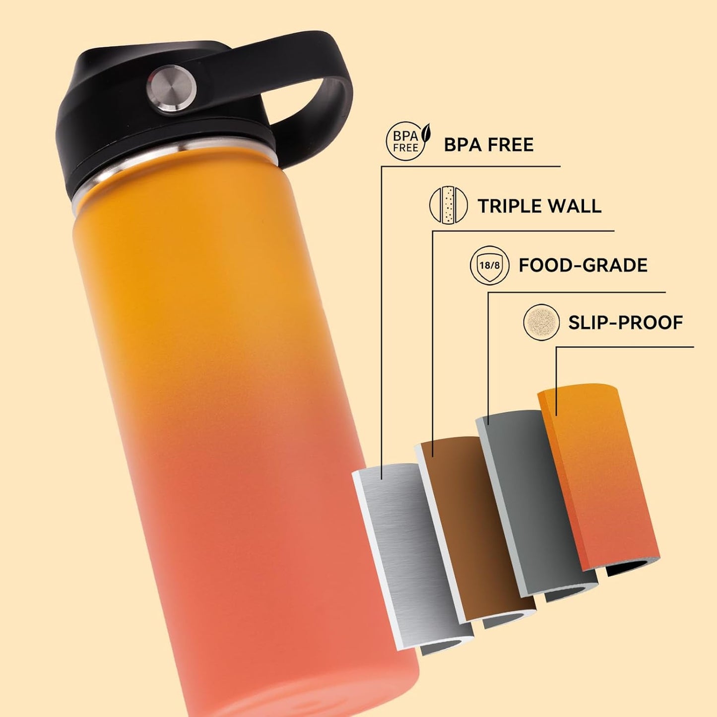 18Oz Insulated Stainless Steel Water Bottle, Wide Mouth Double Wall Vacuum, Silicone Straw, Sweat & Leak Proof, BPA Free Insulated Water Flask for Travel, Keep Cold 24H Hot 12H, Orange