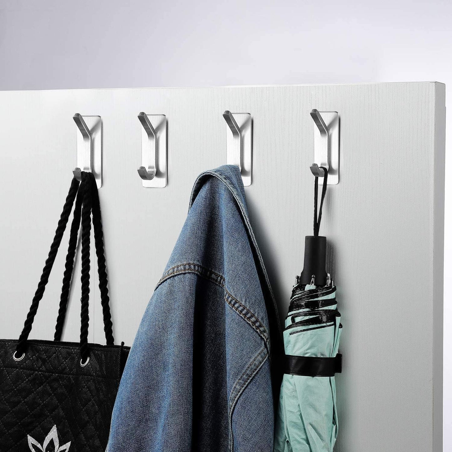 Stainless Steel Adhesive Towel Hooks - 4-Pack Wall Hooks for Coats, Robes, and Towels for Bathroom and Kitchen Use