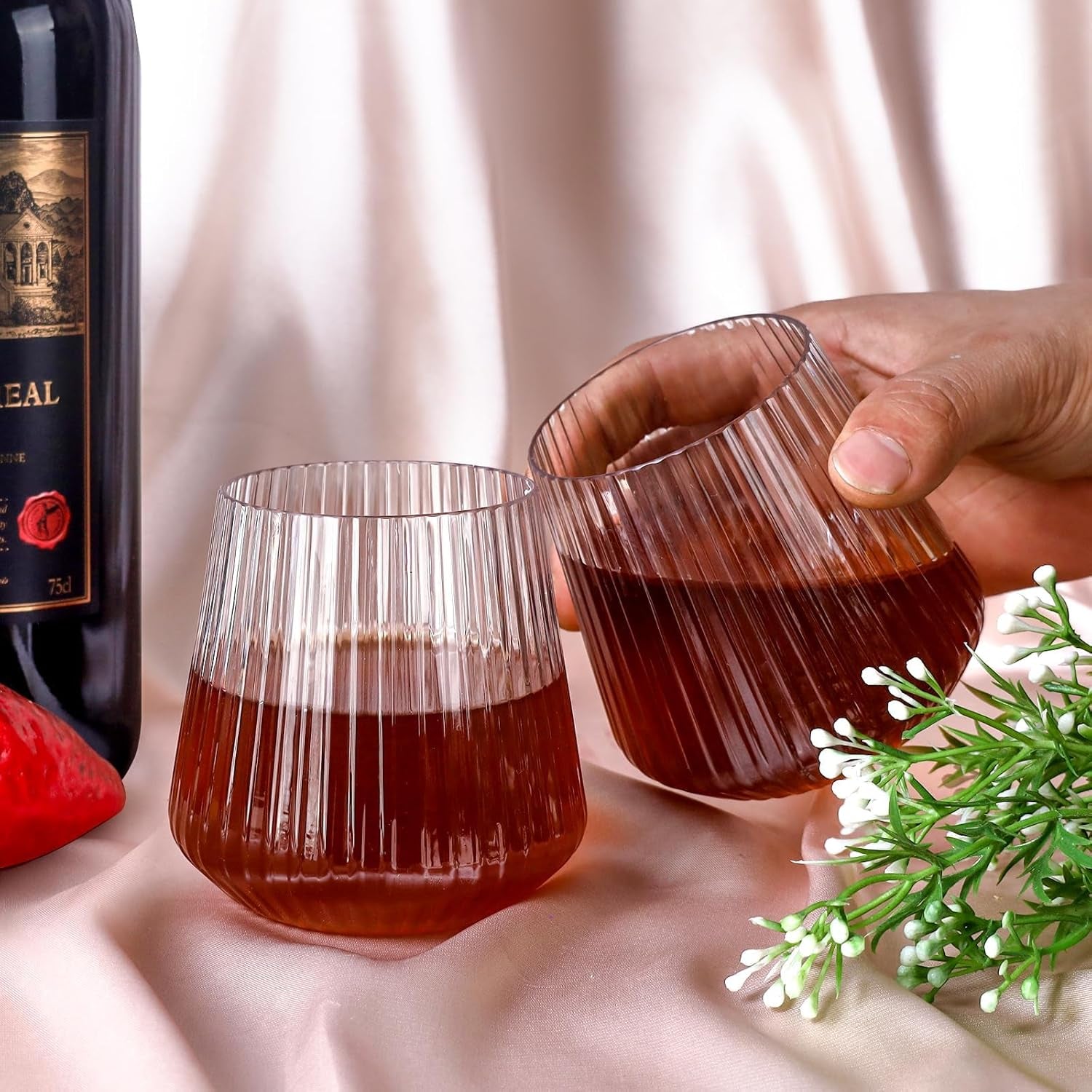 40 Pack Plastic Ribbed Wine Glasses, 14Oz Origami Disposable Wine Glasses Unbreakable Clear Plastic Cocktail Glasses Recyclable Shatterproof Reusable Wine Cups (NOT Dishwasher-Safe)