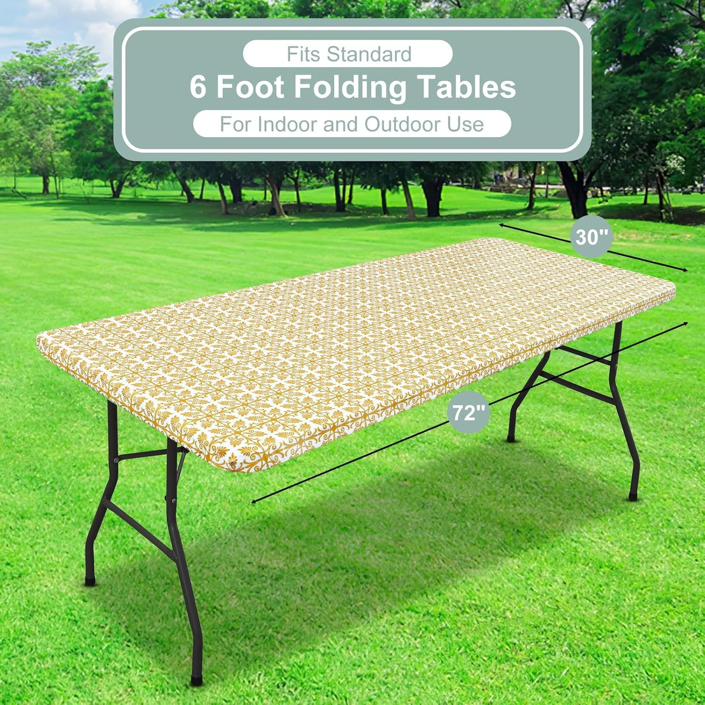 Rectangle Vinyl Table Cloth, Elastic Fitted Flannel Backed Tablecloth, 100% Waterproof Plastic Table Cover Fits 6 Foot Folding Tables for Picnic, Camping, Outdoor (Gold, 30" X 72")