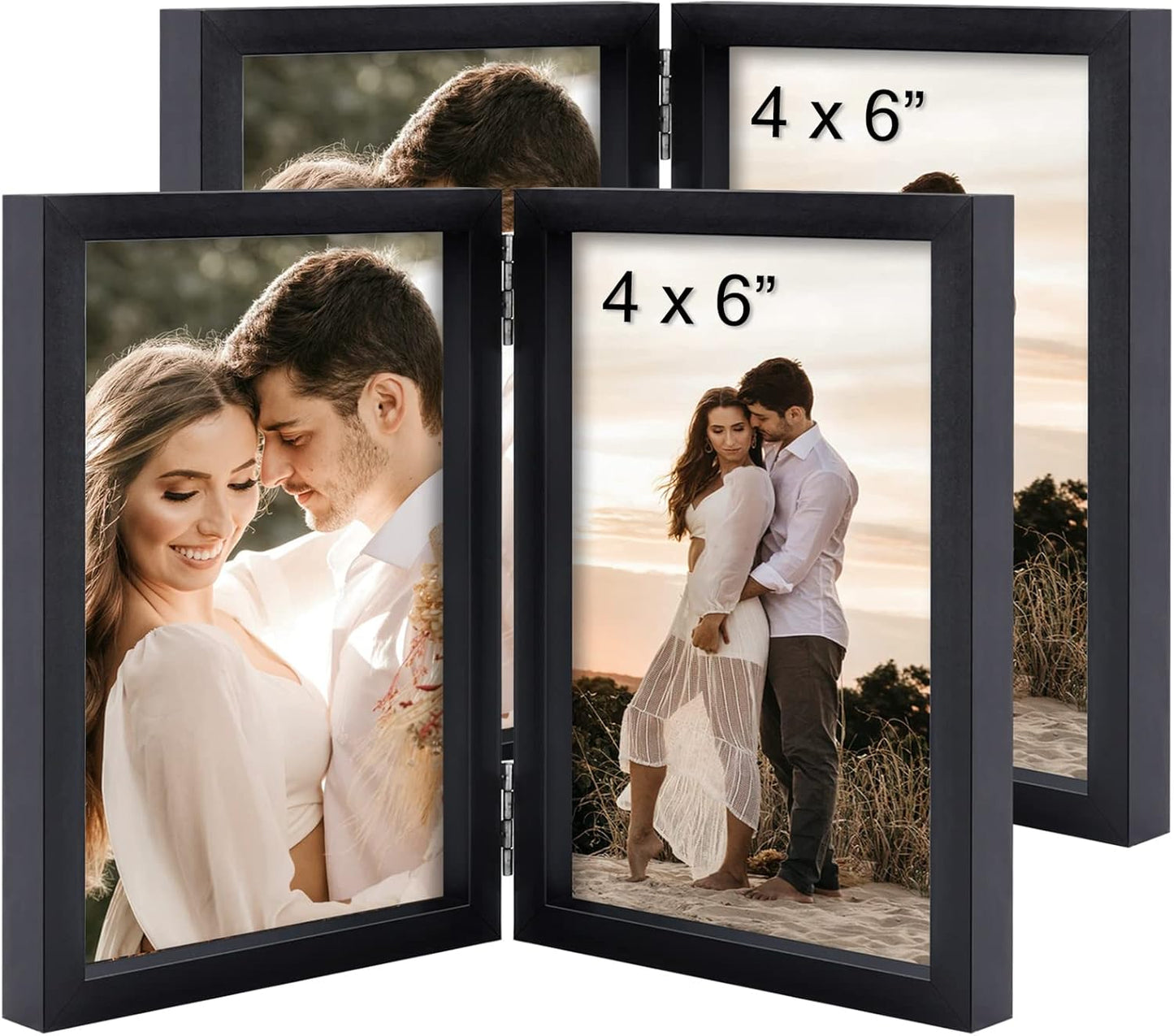 Set of Two 4x6 Double Hinged Folding Picture Frames with Glass Stand (Black)
