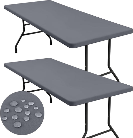 2 Pack 6 Foot Rectangle Elastic Fitted Tablecloth, Waterproof Fabric Table Cover, Washable Polyester Table Cloth for Picnic, Camping, Outdoor (Grey, 30" X 72")