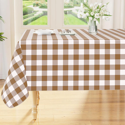 Waterproof Vinyl Rectangle Tablecloth with Flannel Backing, Wipeable Buffalo Plaid Design for Indoor and Outdoor Dining (Brown & White, 60" x 84")