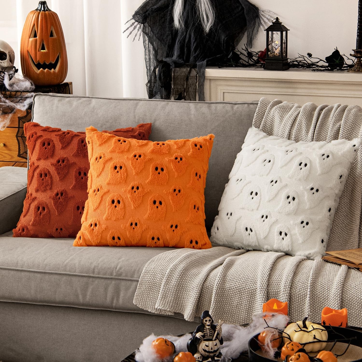 Halloween Decorative Pillow Covers - Set of 2 Soft Plush Faux Fur Ghost-Themed Cushions for Couch, Sofa, Bed, and Porch - 18x18 Inch Burnt Orange Fall Decor