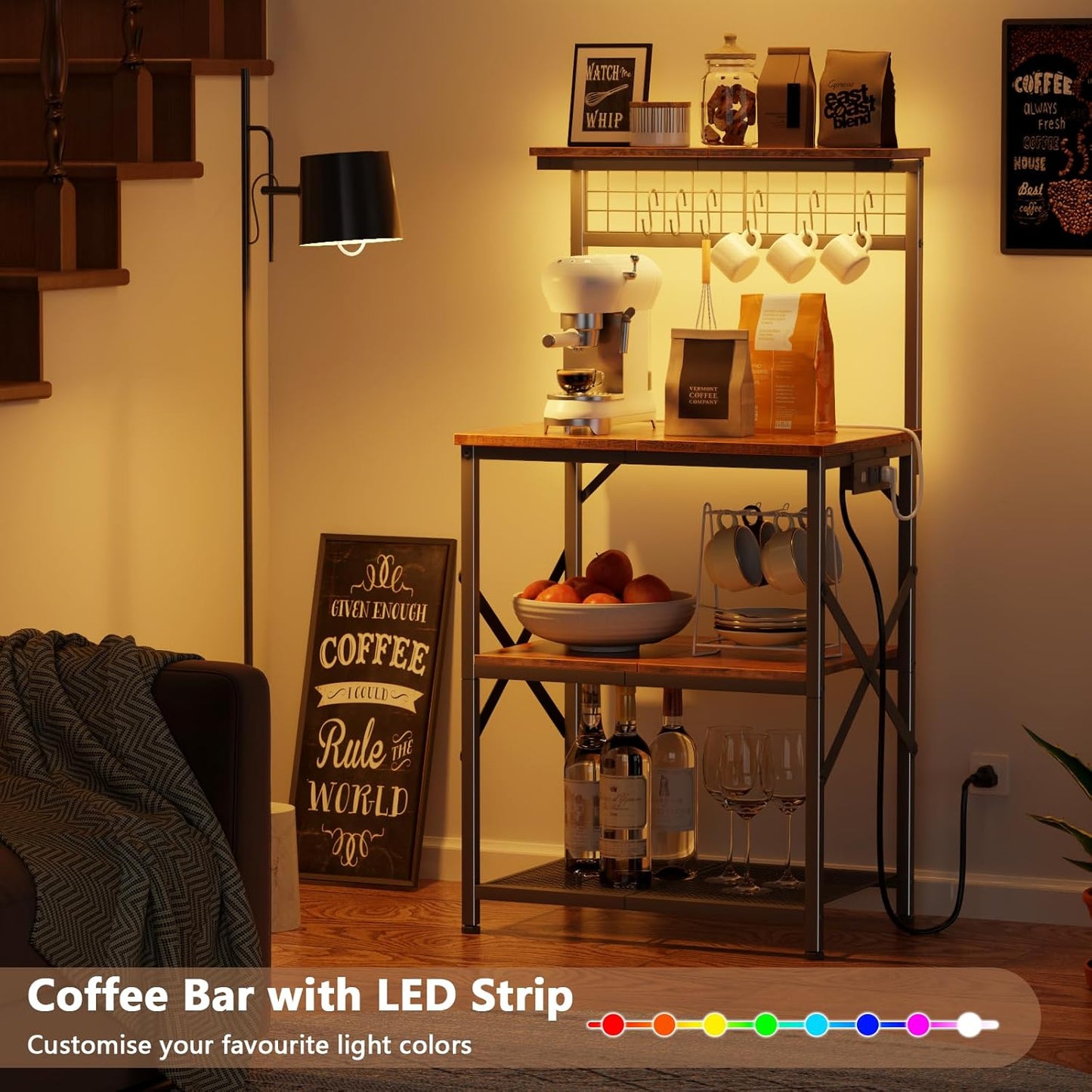 Bakers Rack with Power Outlet and LED Light, Small Microwave Stand with 4 Tier Shelves, Coffee Bar Station Table with 6 S Hooks, Kitchen Storage Rack for Spices, Pots, Rustic Brown