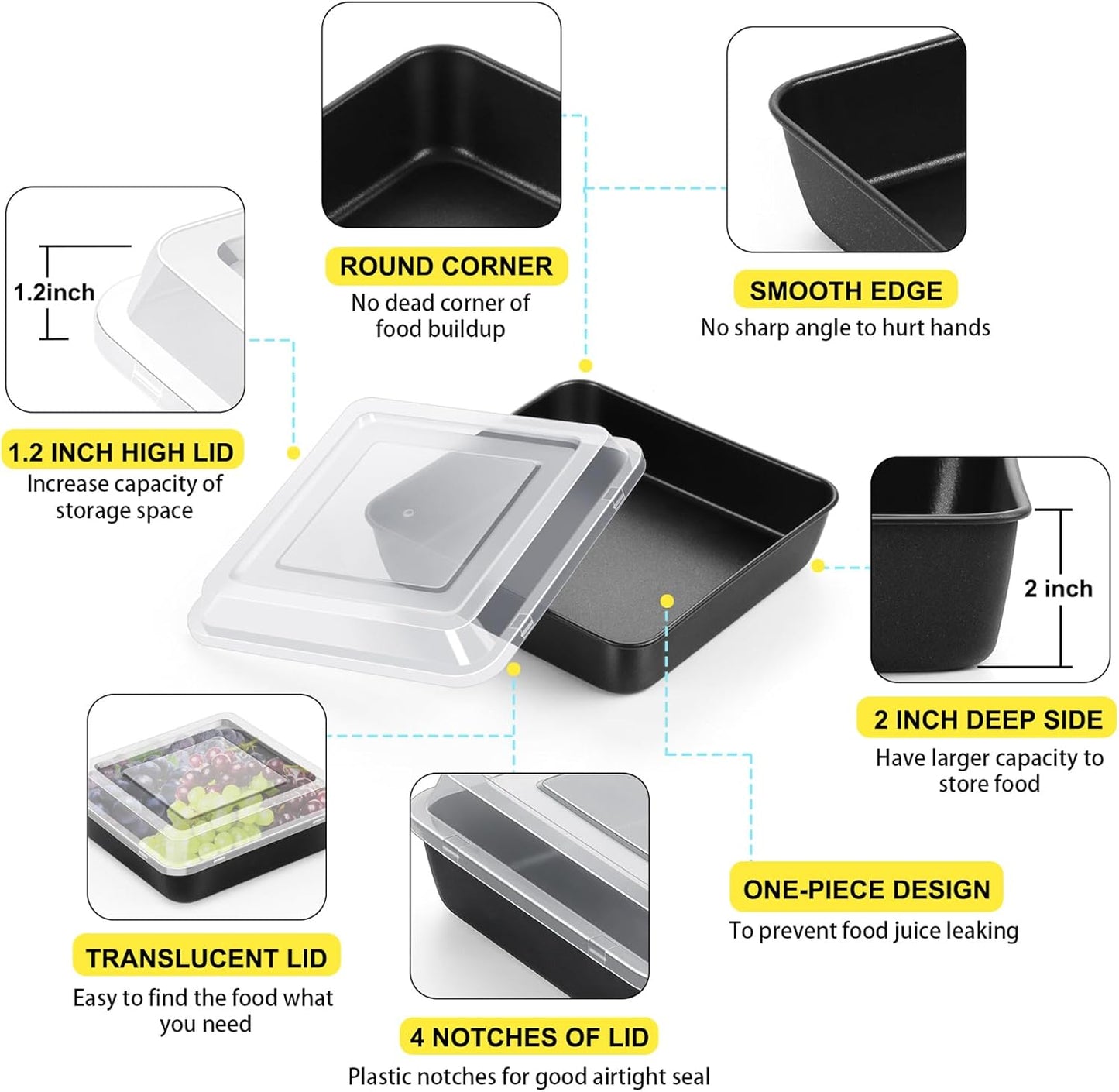 Square Baking Pan with Lid, Nonstick Stainless Steel Square Cake Pan and Plastic Lid, Black Bakeware Tin for Lasagna Brownies, Sturdy & Easy Clean, (8 Inch, 2Pcs)