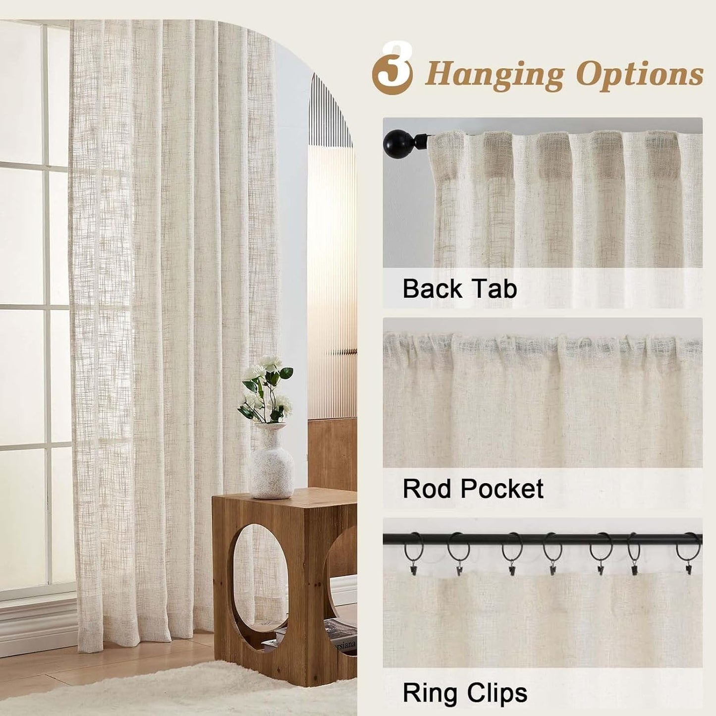 Natural Linen Curtains for Bedroom Living Room 63 Inch Length 2 Panels Set, Thick Textured Burlap Linen Blend Light Filtering Boho Farmhouse Dining Room Curtains, Natural, Each 42" W X 63" L
