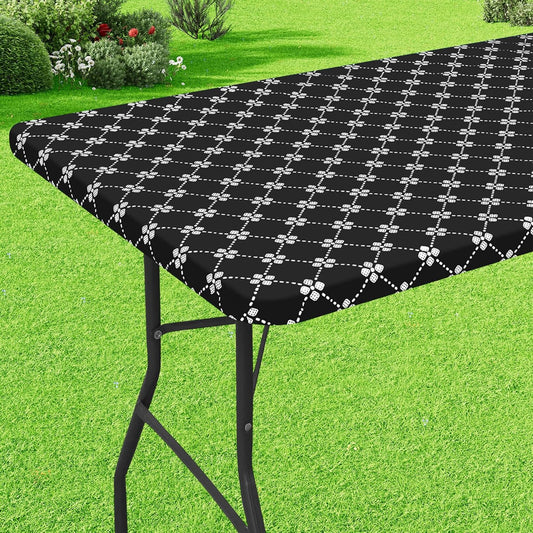 Rectangle Vinyl Table Cloth, Elastic Fitted Tablecloth with Flannel Backing, 6 Foot Waterproof Plastic Table Cover for Camping, Indoor and Outdoor (Black, 30" X 72")