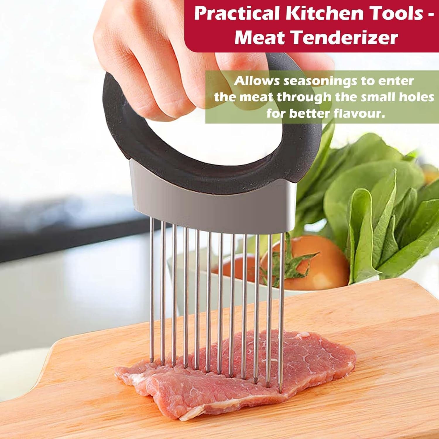Onion Holder for Slicing, Onion Cutter Vegetable Chopper, Stainless Steel Tomato Potato Slicer, Meat Tenderizer Tool, Convenient Grip Food Slicer Assistant, Food Slice Guide for Vegetable Fruit