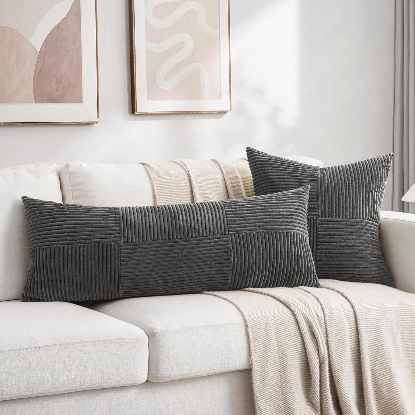 2 Packs Dark Gray Decorative Throw Pillow Covers 18X18 Inch for Living Room Couch Sofa, Rustic Farmhouse Boho Home Decor, Soft Corss Corduroy Patchwork Textured Square Cushion Case 45X45 Cm