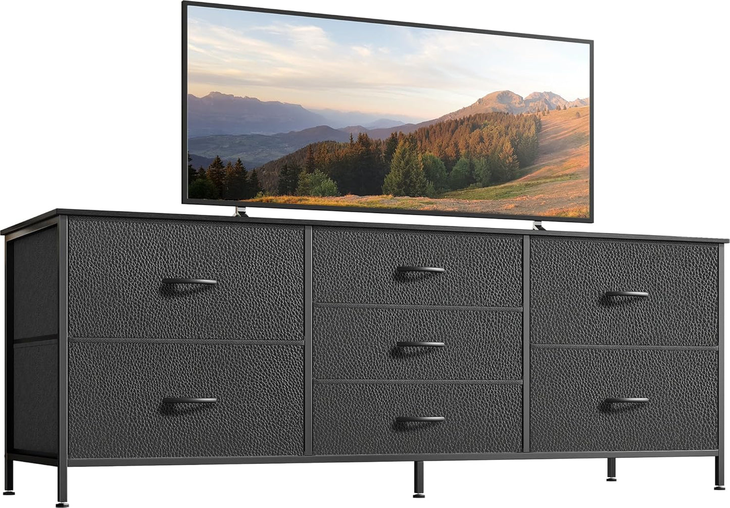 Bedroom Dresser and TV Stand Combo, 55-Inch Unit for 43-60 Inch TVs, Long Fabric Storage Solution with 7 Drawers, Black