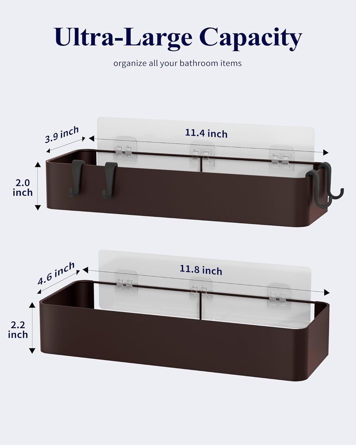 Large Shower Caddy - 2 Pack Adhesive Shower Organizer, Rustproof Metal Shelves, No-Drill Bathroom Organizers and Storage, Brown