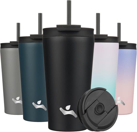 18 OZ Insulated Tumbler with Lid and 2 Straws Stainless Steel Water Bottle Vacuum Travel Mug Coffee Cup,Black