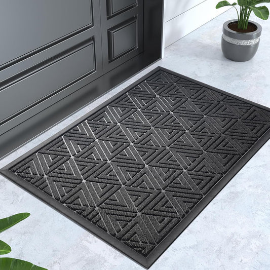 Outdoor Mats for Front Door, Waterproof All-Weather Door Mat outside Entrance, Heavy Duty Non-Slip Welcome Mat, Garage and Patio Indoor Entryway Doormat, Easy Clean, Black