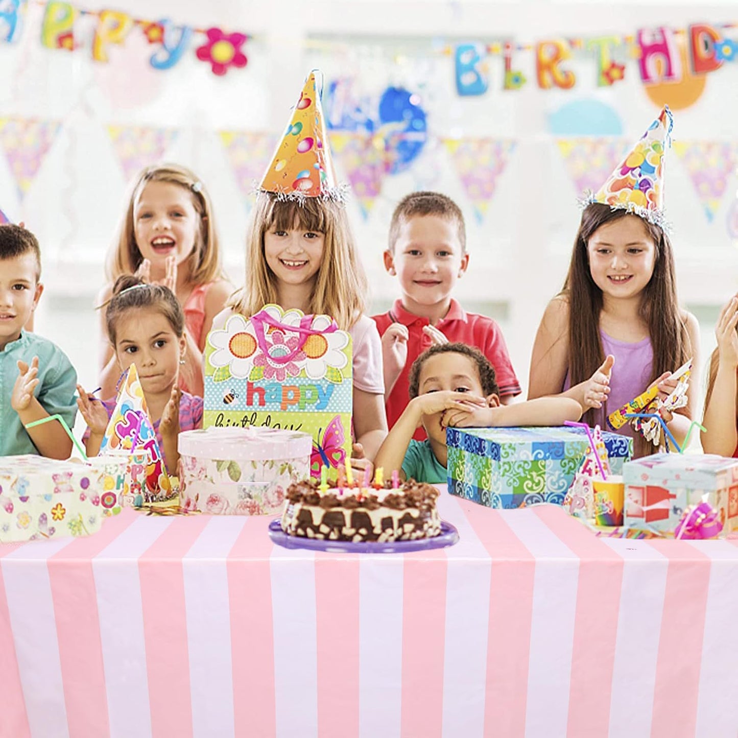 3 Packs Pink and White Horizontal Striped Table Cloth 54 X 108 Inches Pink Stripe Tablecloths Disposable Plastic Stripe Table Covers Waterproof Rectangle Picnic Tablecover for Birthday Party