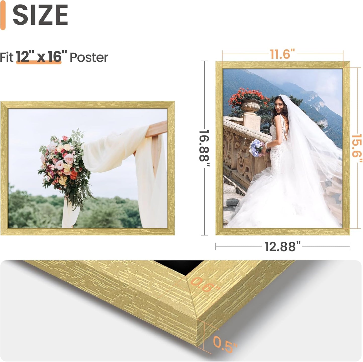 12X16 Picture Frame, Wall Gallery Photo Frames with Engineered Wood, Gold 1 Pack
