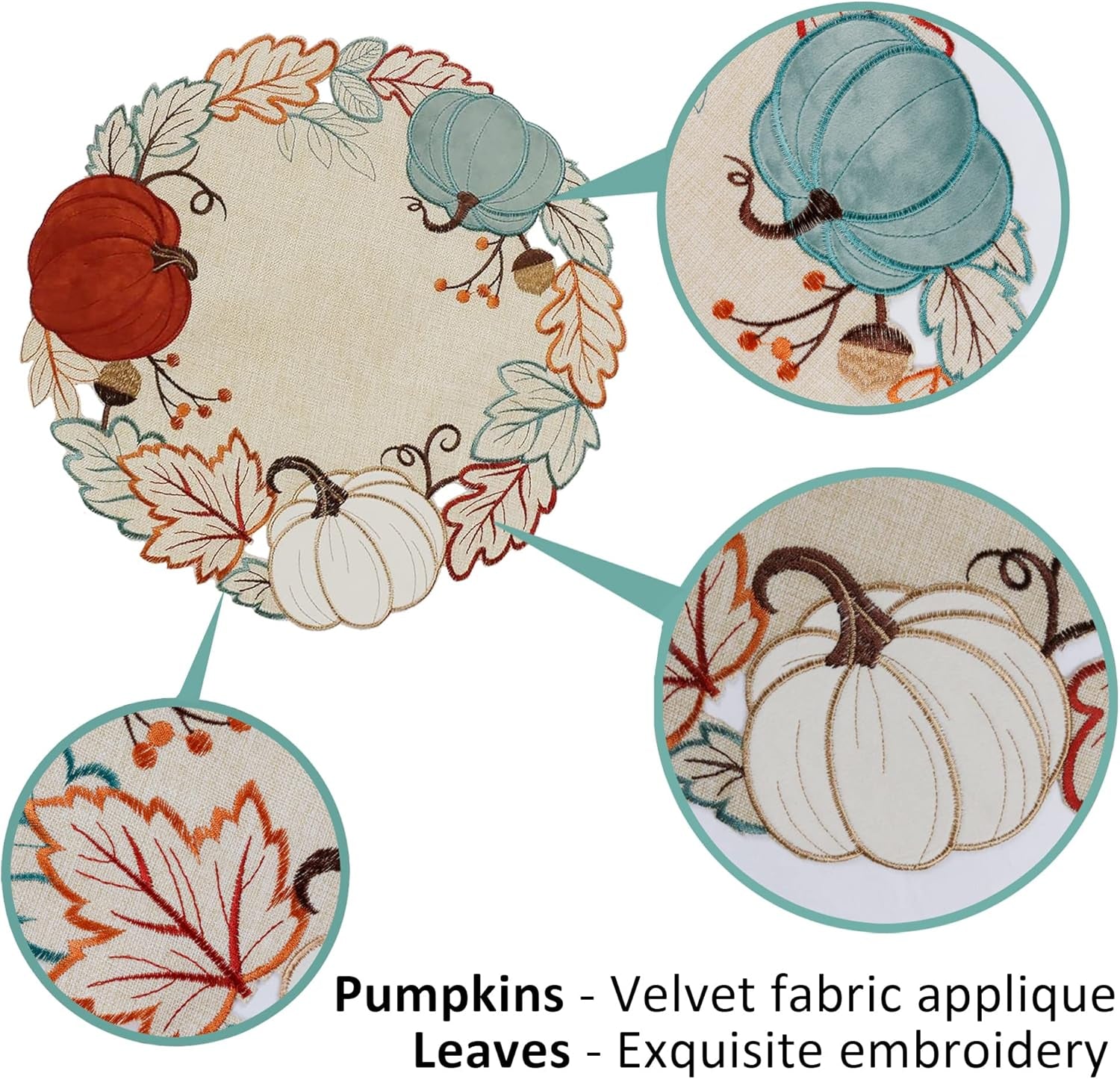 Thanksgiving Placemats Set of 4, Fall Pumpkins round Placemats, Embroidered Harvest Pumpkin Farmhouse Placemat for Dining Table, Fall Decor for Home, Halloween Table Decorations
