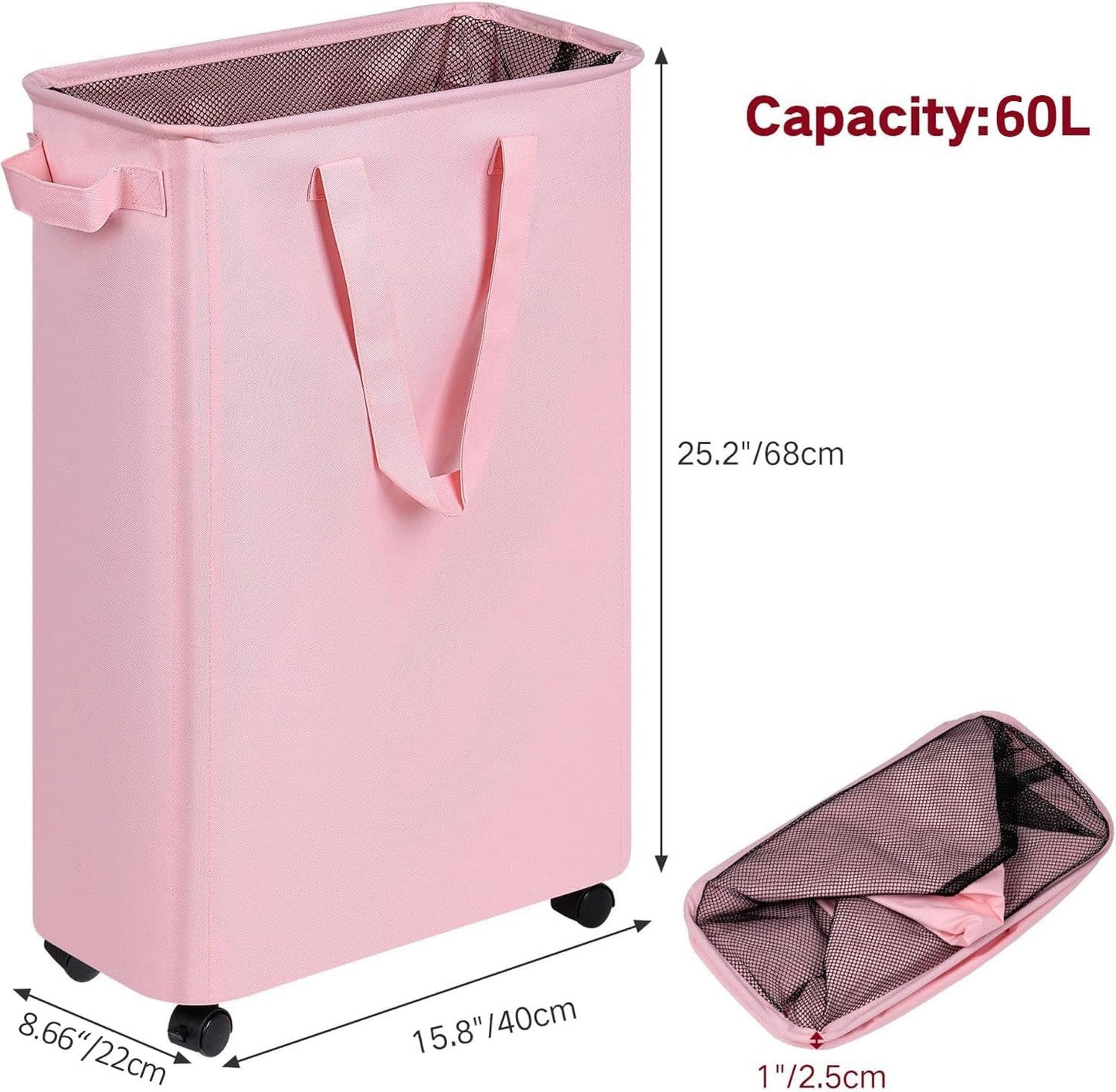 Slim Laundry Hamper with Wheels, Rolling Laundry Basket for Clothes, Small Laundry Basket for Bedroom, Dorm and Laundry Room, 60L (12.7 Gallons) Pink