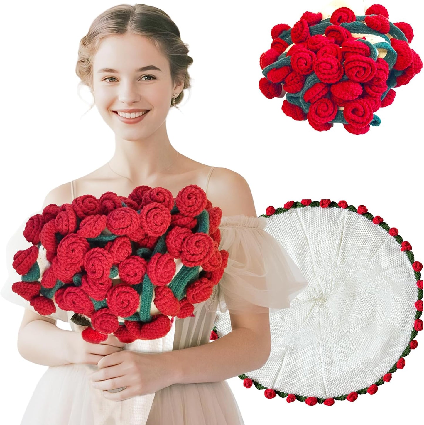 Finished Flower Bouquet Blanket, Handmade Crochet Flower Blanket, Soft Knitted Throw Rose Blankets, Romantic Gift for Birthday Wedding Valentine’S Day Mother'S Day Christmas (Rose, 31 Inch)