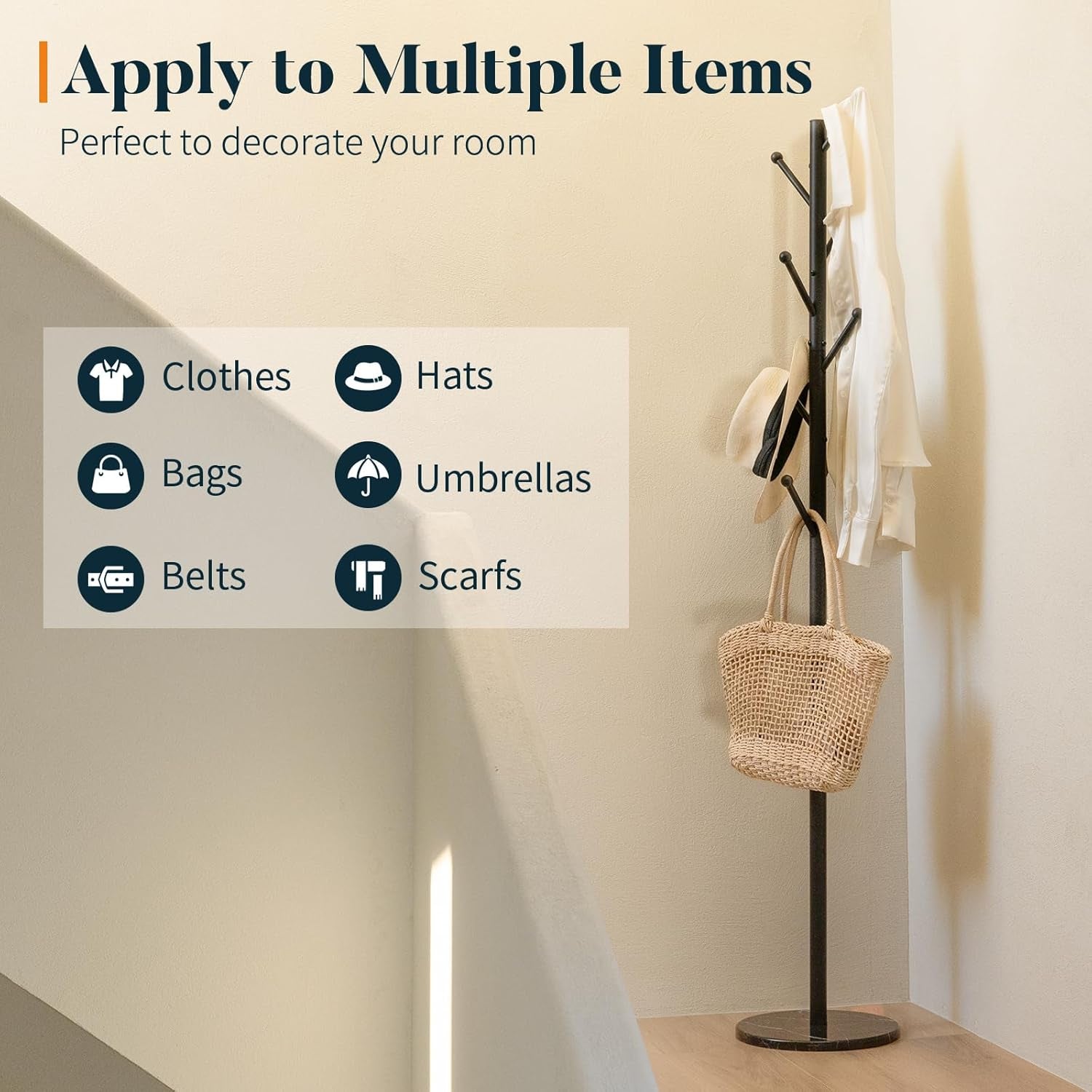 Coat Rack Freestanding with Natural Marble Base, Coat Tree with 8 Hooks Heavy Duty Coat Hanger Stand, Metal Coat Rack Stand for Jacket, Hat, Clothes & Bag, Hall Tree Hat Rack for Entryway