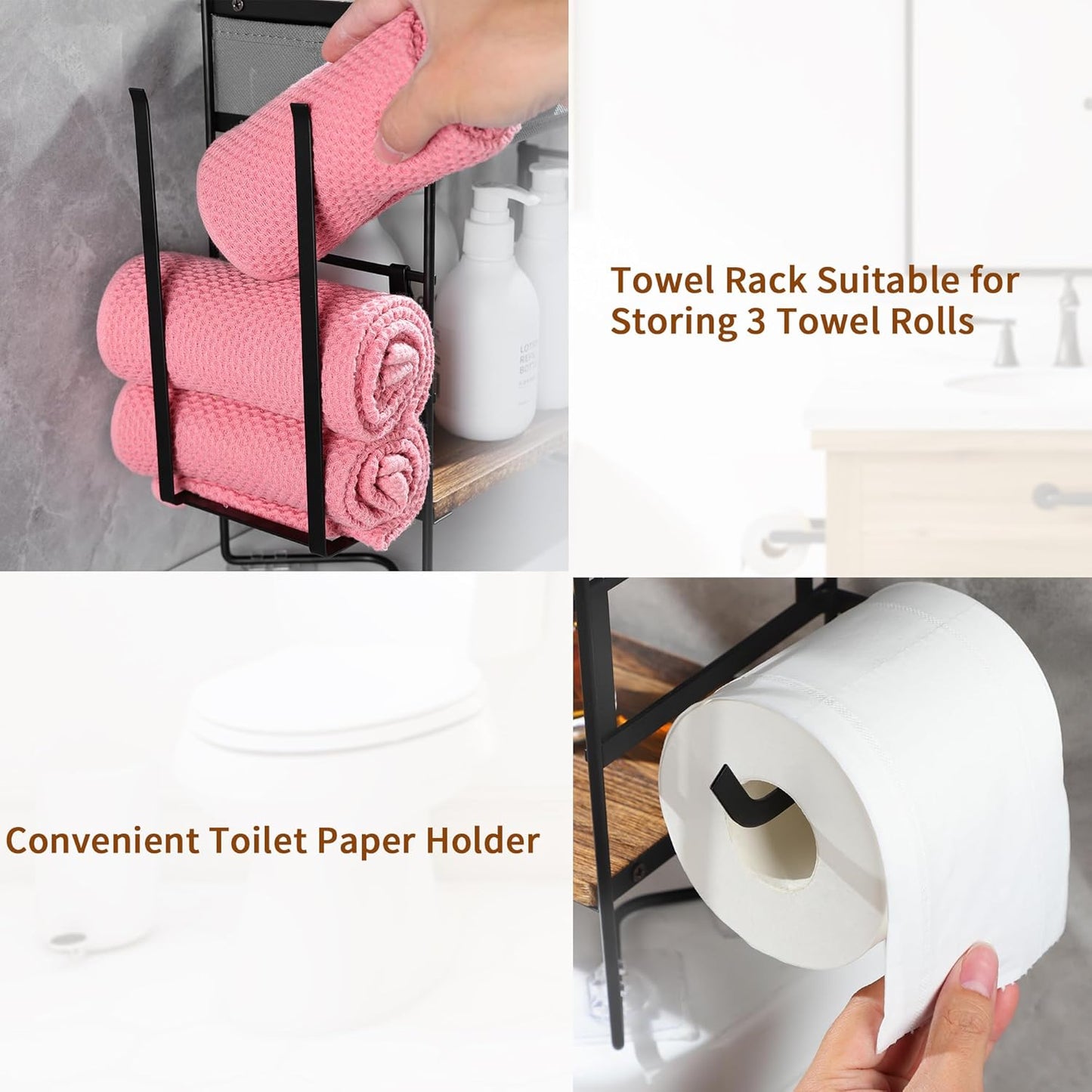 Over-the-Toilet Storage Solution: 2-Tier Bathroom Shelf with Toilet Paper Holder, Large Capacity Organizer for Small Spaces, Black