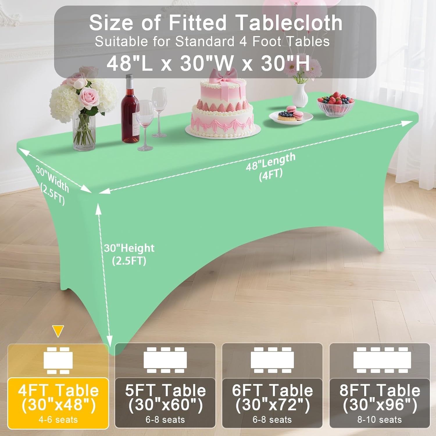 2 Pack Spandex Table Cloth 4FT, Elastic Fitted Stretch Tablecloths for Rectangle Tables, Washable Table Cover for Outdoor, Wedding, Banquet & Parties (Bright Green, 48Lx30Wx30H Inch)