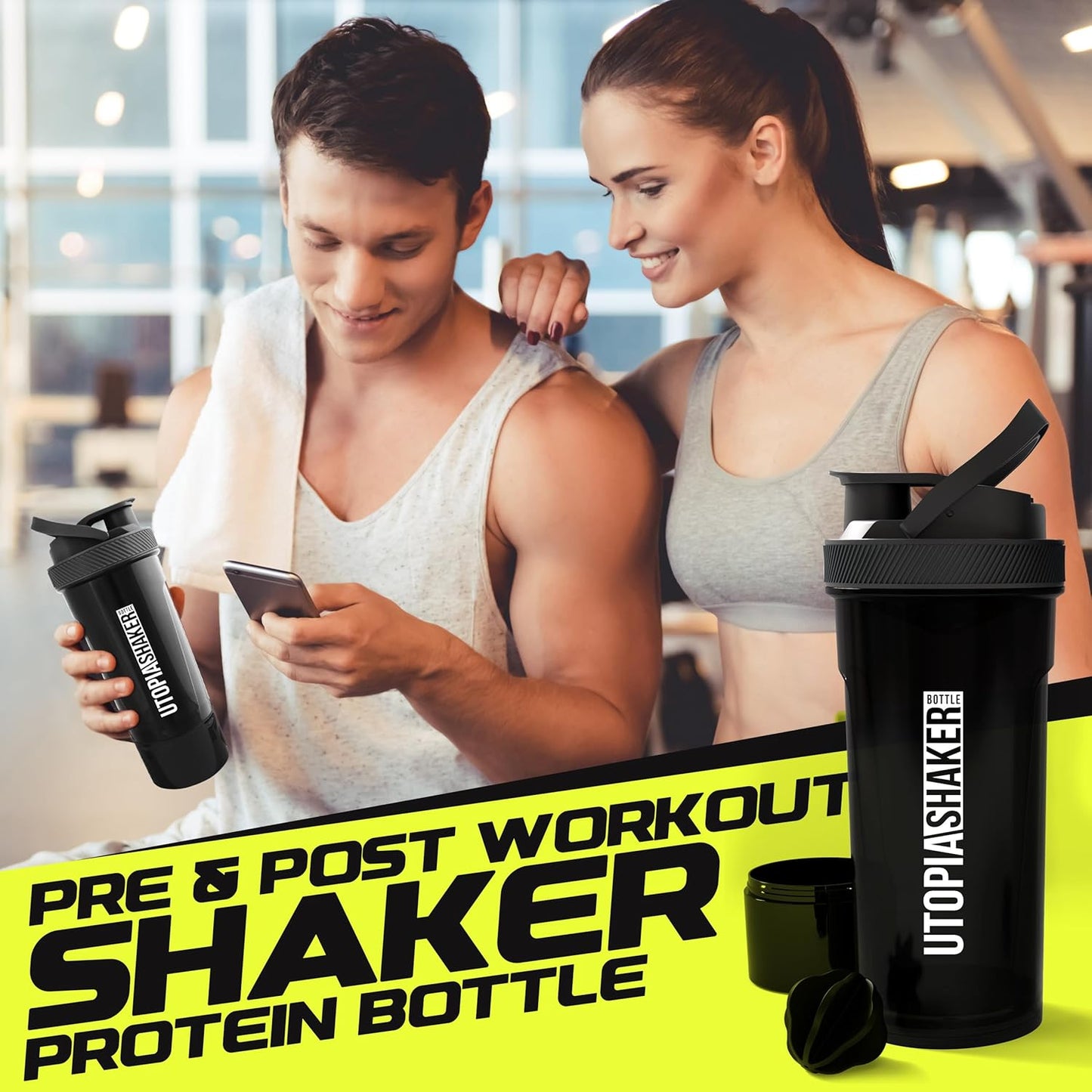 Shaker Bottle 2 Pack - 24 Ounce Plastic Protein or Cocktail Shaker Bottle for Pre & Post Workout with Twist & Lock Protein Box Storage (All Black & Clear/Black)