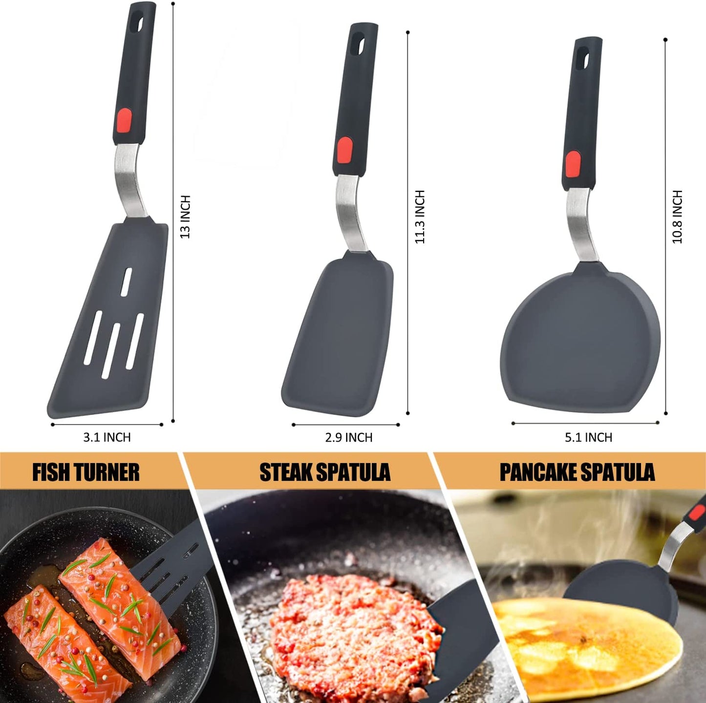 Silicone Spatula Turner Set of 3, 600°F Heat Resistant Cooking Spatulas for Nonstick Cookware, Large Flexible Kitchen Utensils BPA Free Rubber Spatula Set for Egg, Pancake, Fish, Burger