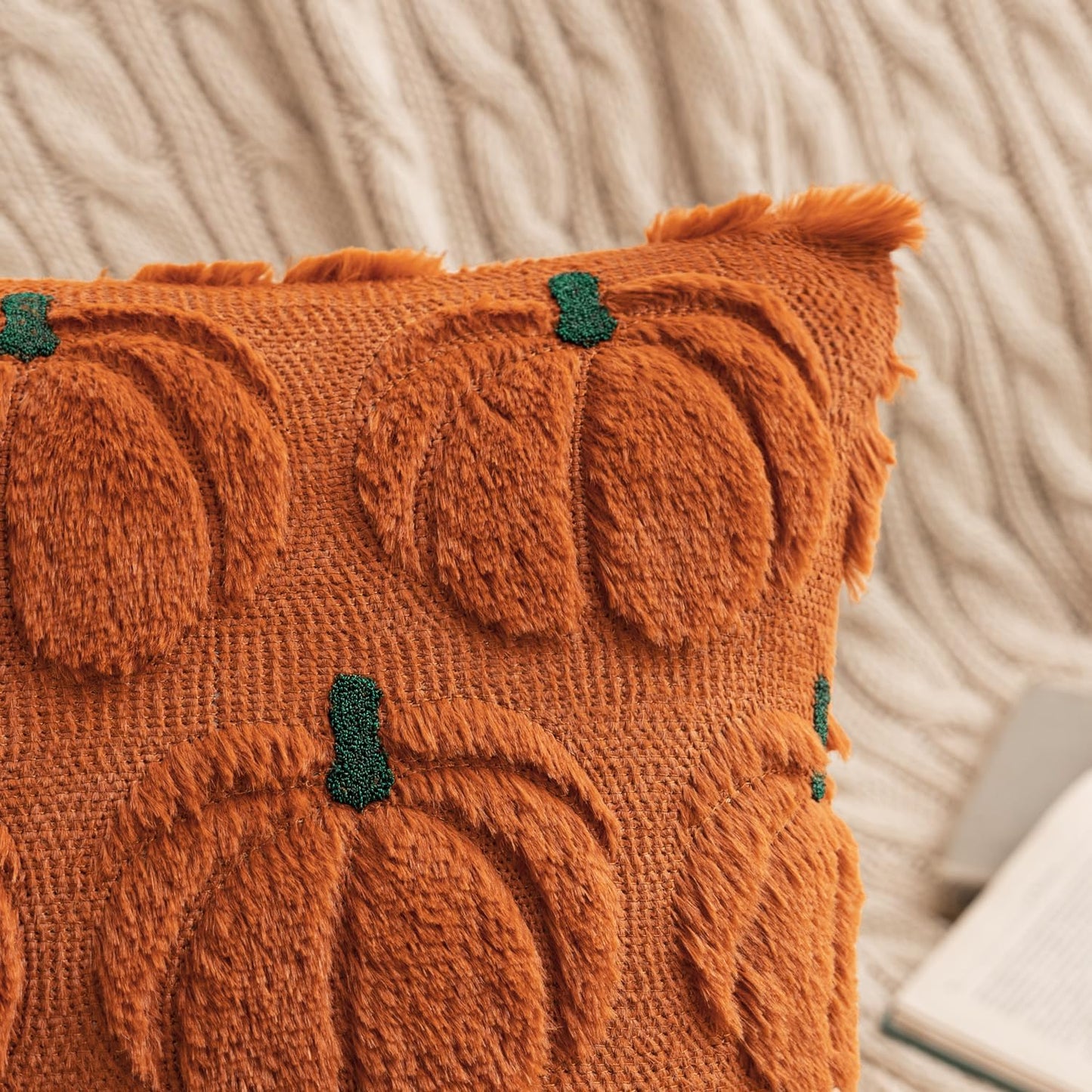 Fall Pumpkin Throw Pillow Covers Decor Set of 2 Dark Rust Green Stem 18 X 18 Decorative Cushion Covers Soft Faux Fur Couch Pillows for Autumn Harvest Outdoor Porch Farmhouse Halloween Home