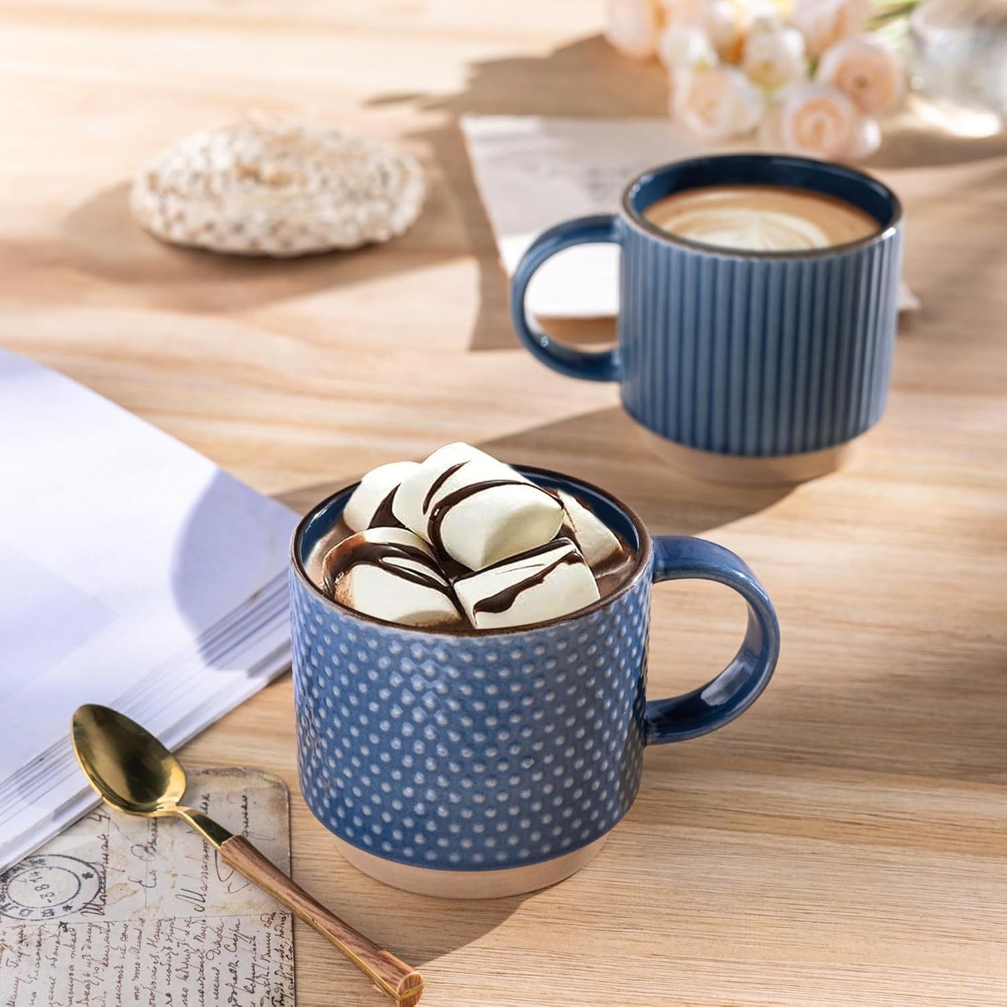 Stackable 12 OZ Ceramic Coffee Mugs Set of 4 with Textured Patterns, Dishwasher and Microwave Safe, Ideal for Lattes, Cappuccinos, and Cocoa