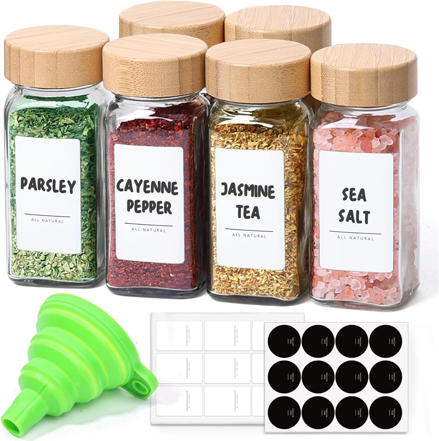 4 Oz 6Pcs Glass Spice Jars with Label, Empty Spice Containers with Bamboo Lids, Square Seasoning Containers Trial and Supplement Set, Small Seasoning Bottles for Salt, Herbs, Sugar, Pepper