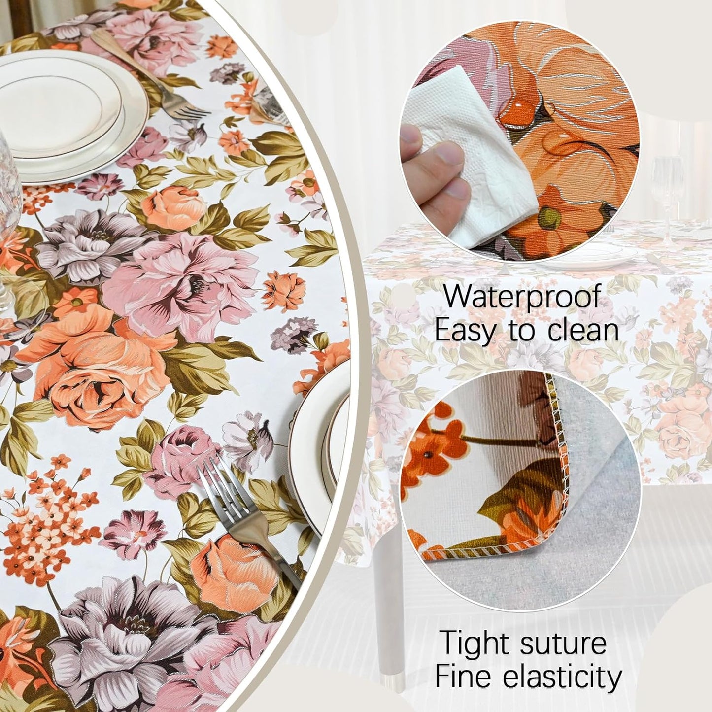 Rectangle Flower Table Cloth, Waterproof Vinyl Tablecloth with Flannel Backing, Table Linens, Plastic Tablecloths for Dinner, Kitchen and Parties, 60"X84"