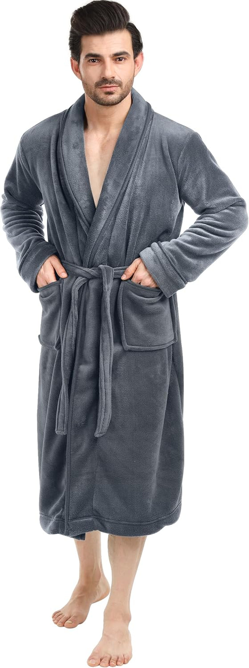 Luxurious Men'S Shawl Collar Fleece Bathrobe Long Spa Robe
