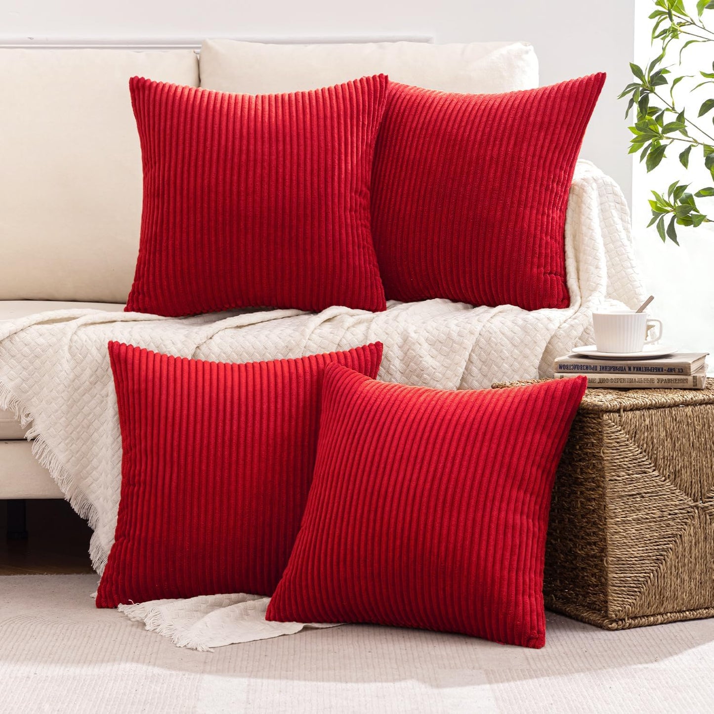 Boho Farmhouse Throw Pillow Covers 18X18 Inch Set of 4 Mordern Nordic Cushion Covers Soft Corduroy Home Decor for Couch Bed Sofa Living Room Christmas Red