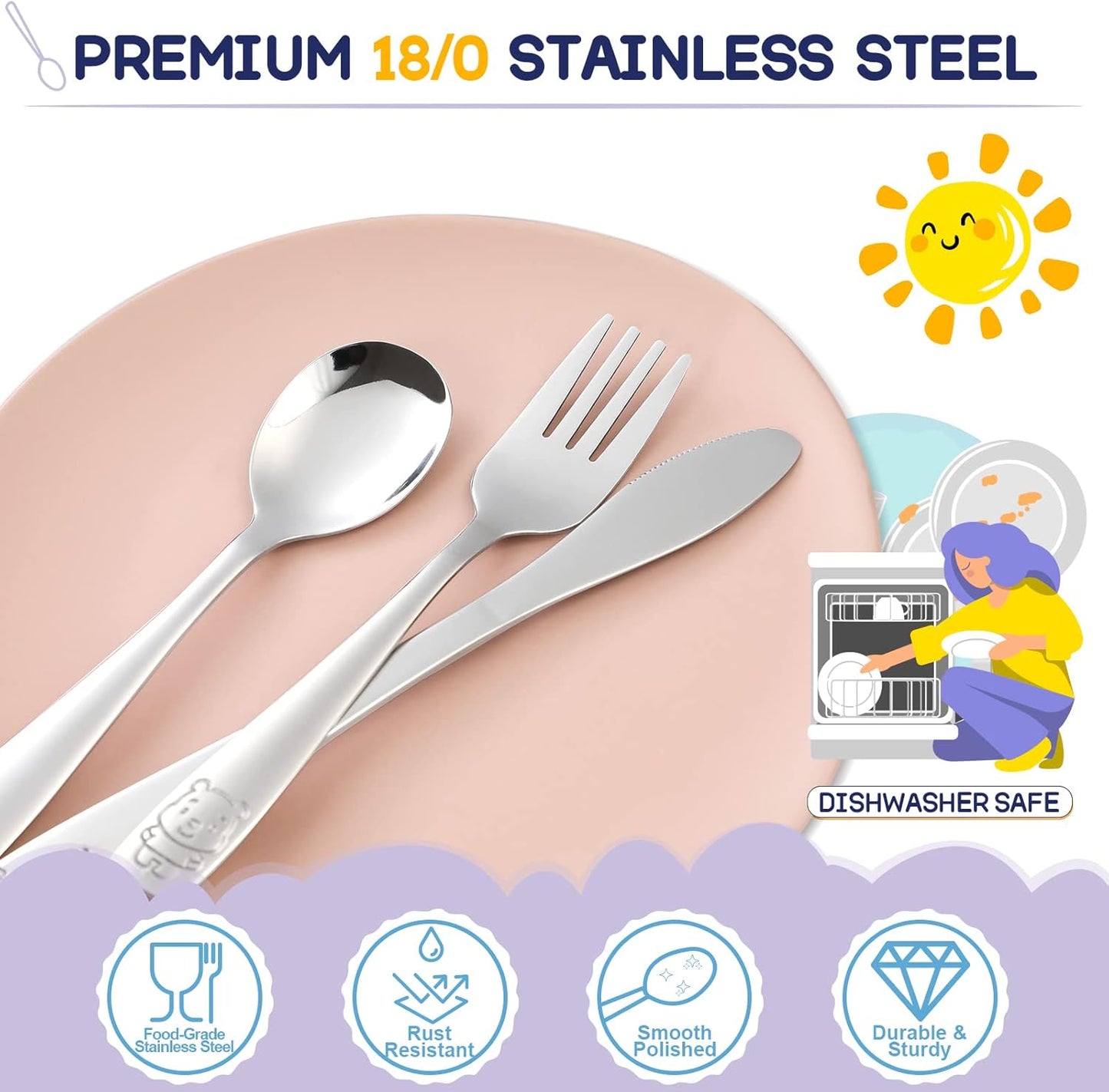 10-Piece Toddler Utensils, Kids Stainless Steel Silverware Set, Children Safe Forks and Spoons - Mirror Polished, Dishwasher Safe