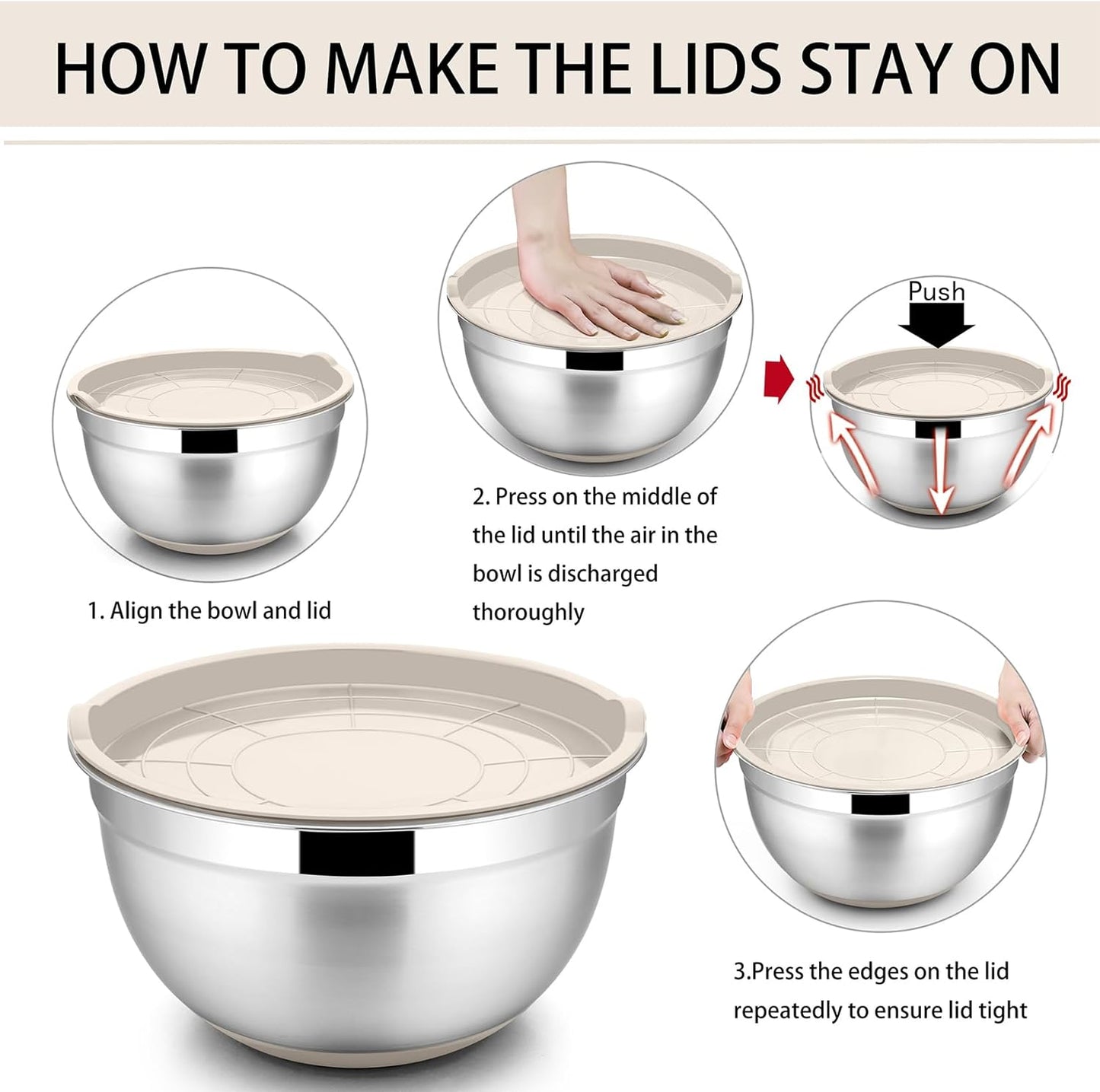 Mixing Bowls with Lids Set of 5, Stainless Steel Nesting Salad Bowl with Lid & Base for Non-Slip Mixing Prepping Storing Serving, 5 Sizes-7/3.5/2.5/1.5/1 QT, Khaki