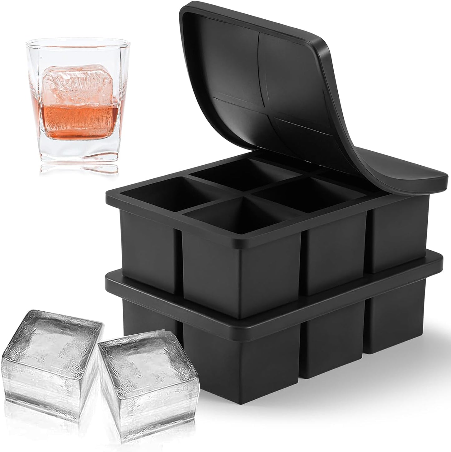 Large Ice Cube Tray with Lid Pack of 2, Stackable 2 Inch Big Silicone Square Ice Cube Mold for Whiskey Cocktails Bourbon Soups Frozen Treats, BPA Free