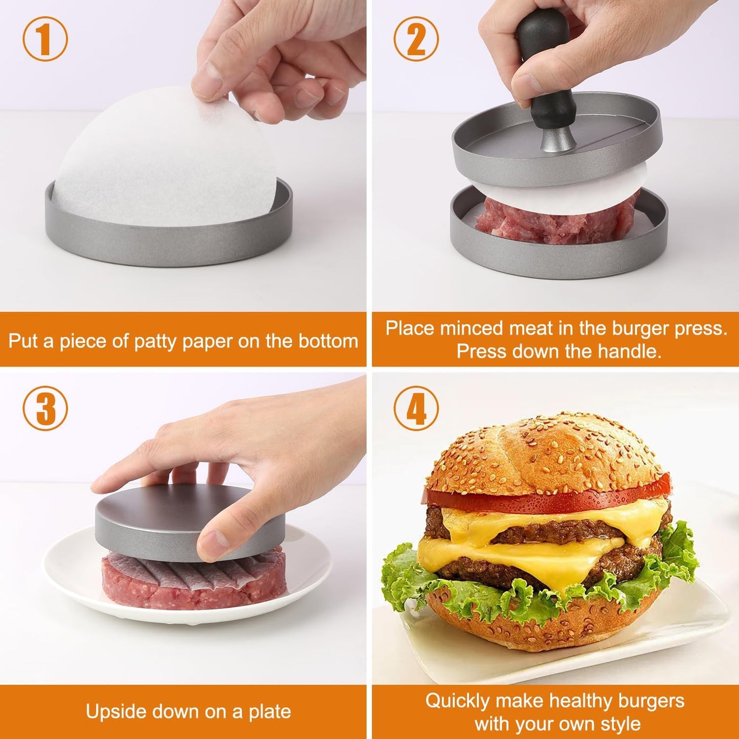 Burger Press 150 Patty Papers, Non-Stick Hamburger Patty Maker with Wax Paper, Aluminum Burger Maker for Kitchen BBQ Grill