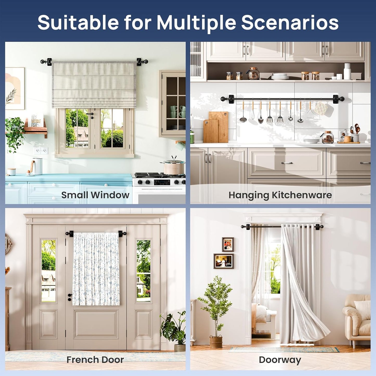 2 Pack No Drill Curtain Rods for Window 28 to 48 Inches, 5/8 Inch Diameter Renter Friendly Drapery Rod with Adhesive Brackets without Drilling, Adjustable from 27 to 52 Inches, Black