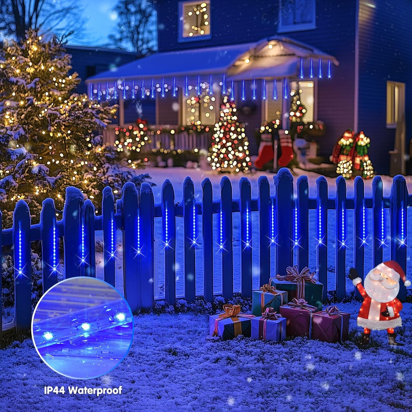 Solar Christmas Lights Outdoor, 8 Tube 144 Leds Solar Meteor Shower Lights Outdoor, Hanging Christmas Light for Gazebo Tree Icicle Garden Yard Party Patio Xmas Decor (Blue)
