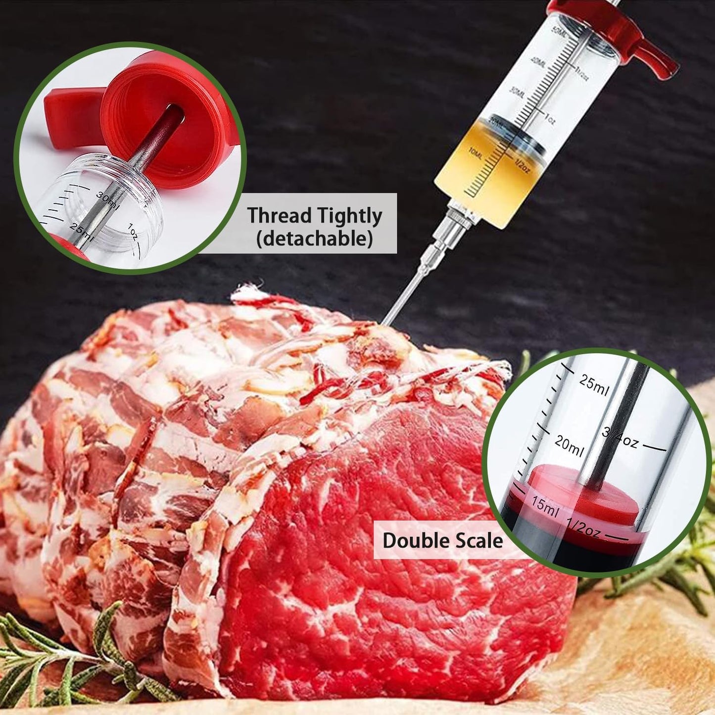 Turkey Meat Injector Syringe Kit with 3 Marinade Needles for BBQ Grill Smoker, 1 Cleaning Brush, 1 Oz/30 Ml Large Capacity Injector Marinades for Meats Black