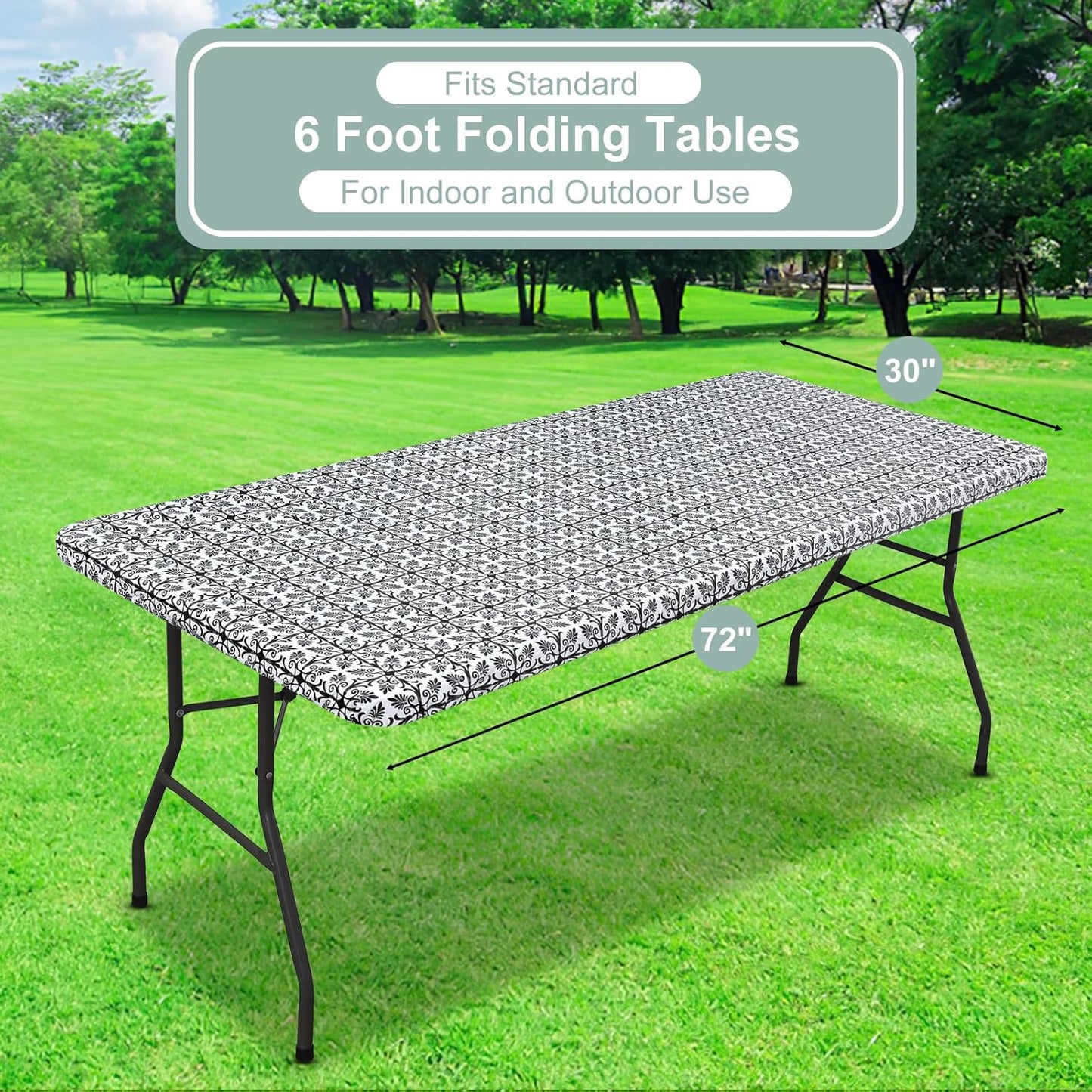 Rectangle Vinyl Table Cloth, Elastic Fitted Flannel Backed Tablecloth, 100% Waterproof Plastic Table Cover Fits 6 Foot Folding Tables for Picnic, Camping, Outdoor (Black, 30" X 72")
