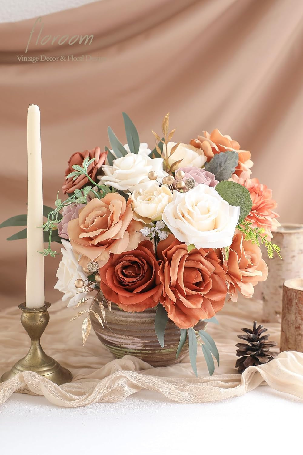 Terracotta Artificial Floral Arrangement Set with Burnt Orange Roses, Peonies, and Dahlias for DIY Wedding Bouquets, Bridal Showers, Centerpieces, and Home Decor