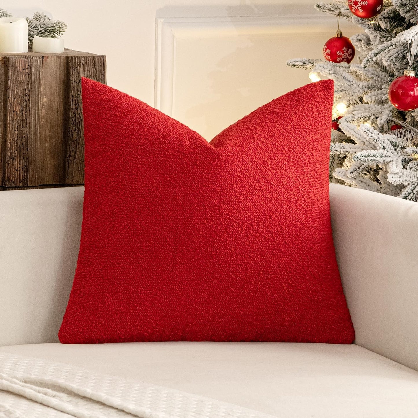 Textured Boucle Lumbar Pillow Cover in Christmas Red - Decorative Soft Accent Cushion for Couch, Chair, and Bedroom - 18x18 Inch, Single Pack